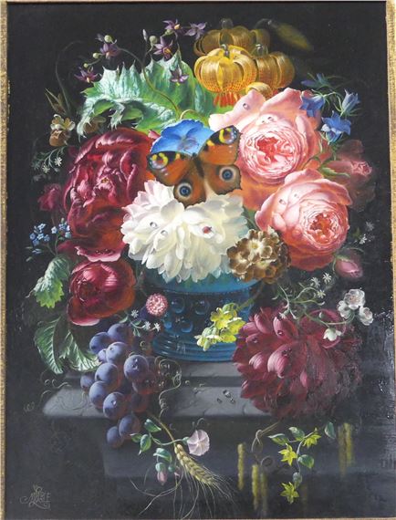 Still life vase of flowers with butterfly by Margaret Lisle