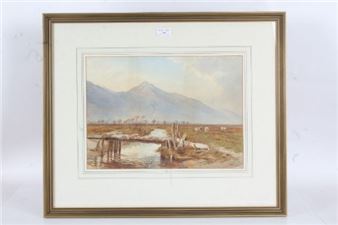 A framed pastoral landscape painting featuring a river, wooden bridge, and distant mountains.