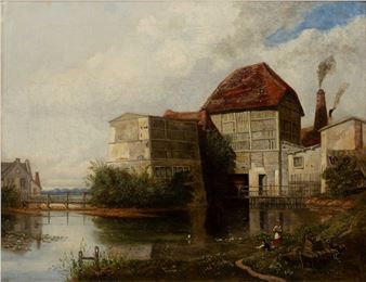 A family playing with toy boat opposite a gentleman skimming stones in the water at a mill house - C. J. Randall