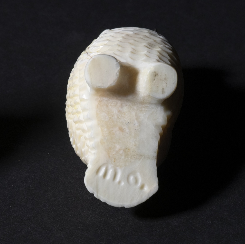 Artwork by Bert Oozevaseuk, INUIT SCULPTURES OF OWLS, Made of carved walrus ivory, bone and baleen