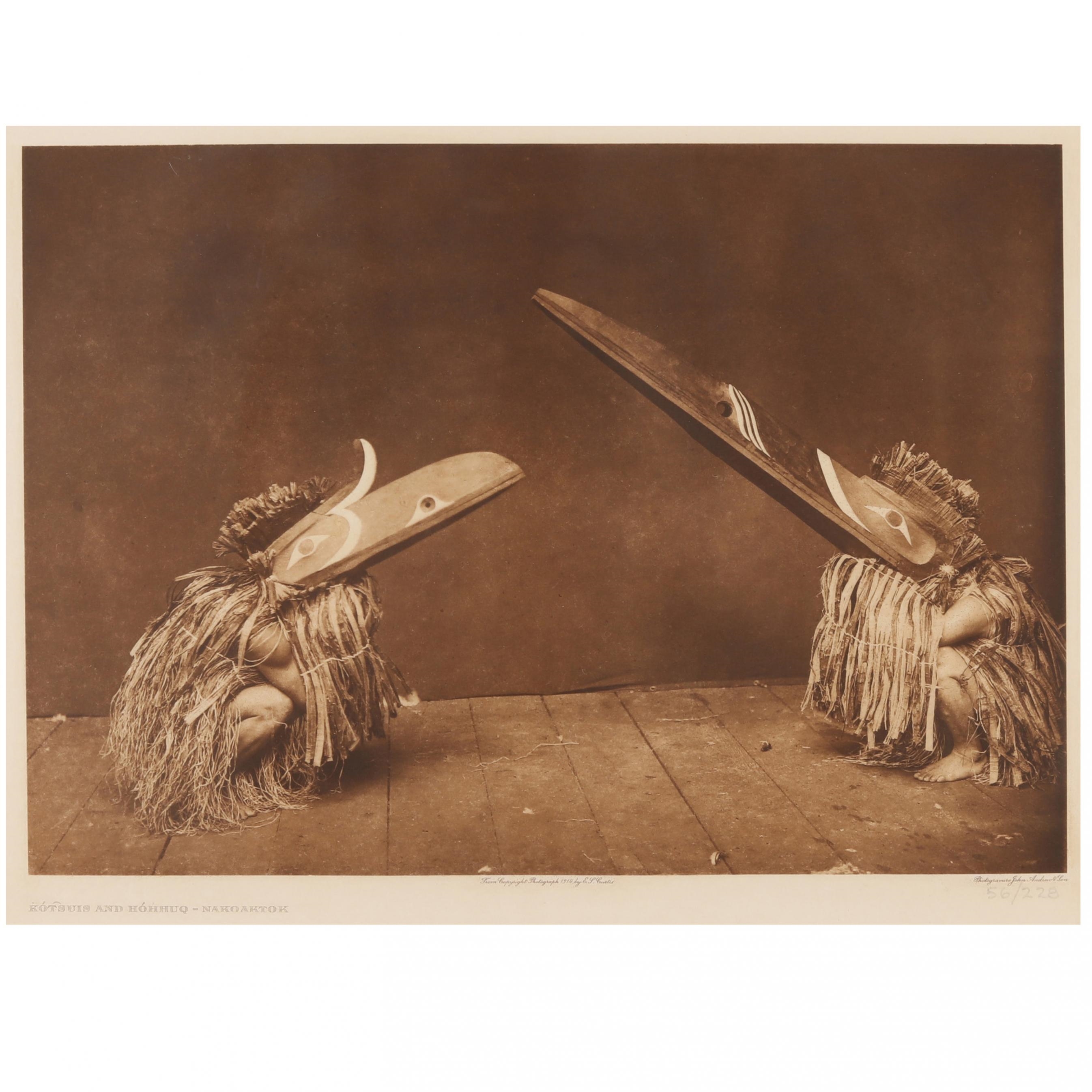 Artwork by Edward S. Curtis, Kotsuis and Hohhuq - Nakoaktok and Hamatsa Emerging from the Woods - Koskimo (Two Works), Made of photogravure