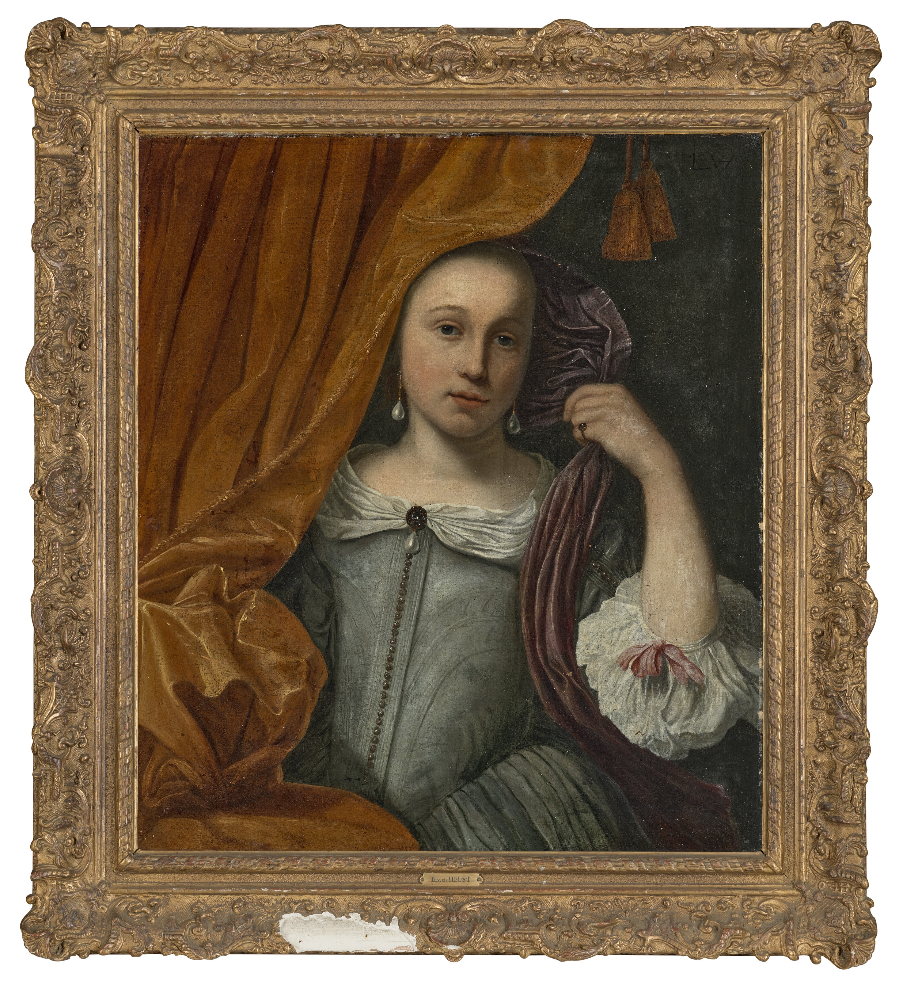 Artwork by Lodewijk van der Helst, Portrait of a girl, peeking out from behind an orange curtain, Made of oil on canvas