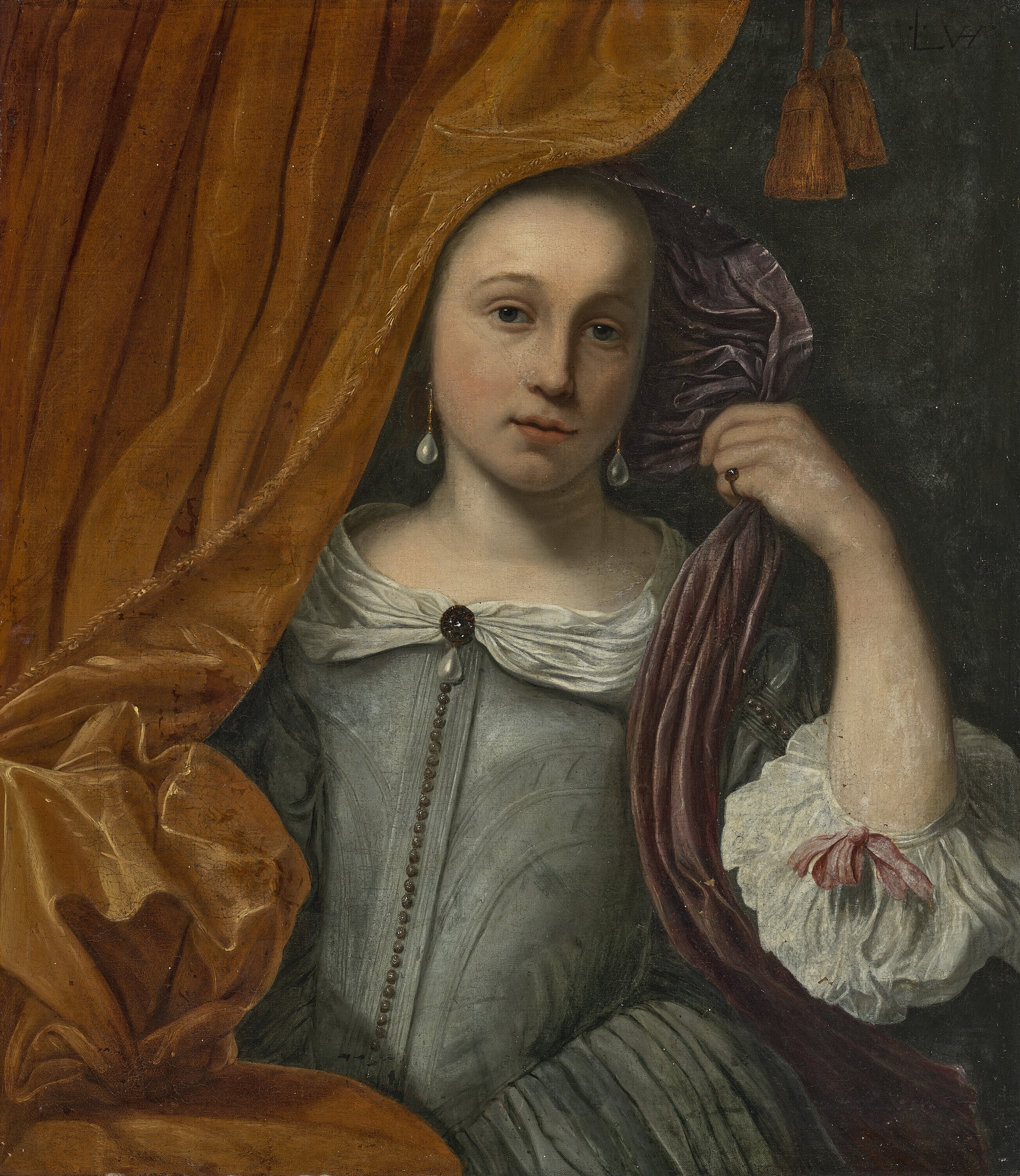 Artwork by Lodewijk van der Helst, Portrait of a girl, peeking out from behind an orange curtain, Made of oil on canvas