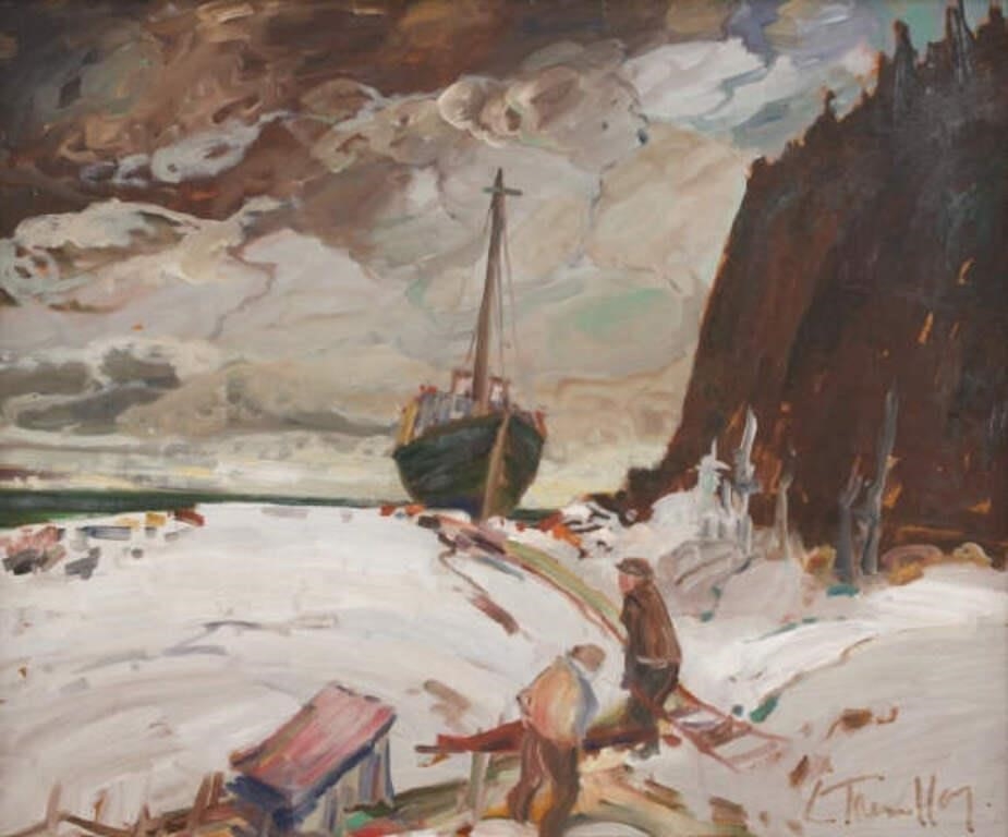 Artwork by Louis Tremblay, Goélette au Chantier, Made of oil on masonite