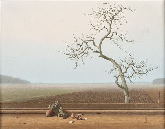 Ausblick auf eine weite neblige Feldlandschaft mit Baum - Monogrammist H.B.