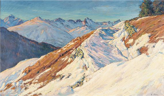 Sonnenaufgang über der weiten, verschneiten Gebirgslandschaft by Carl Friedrich Felber