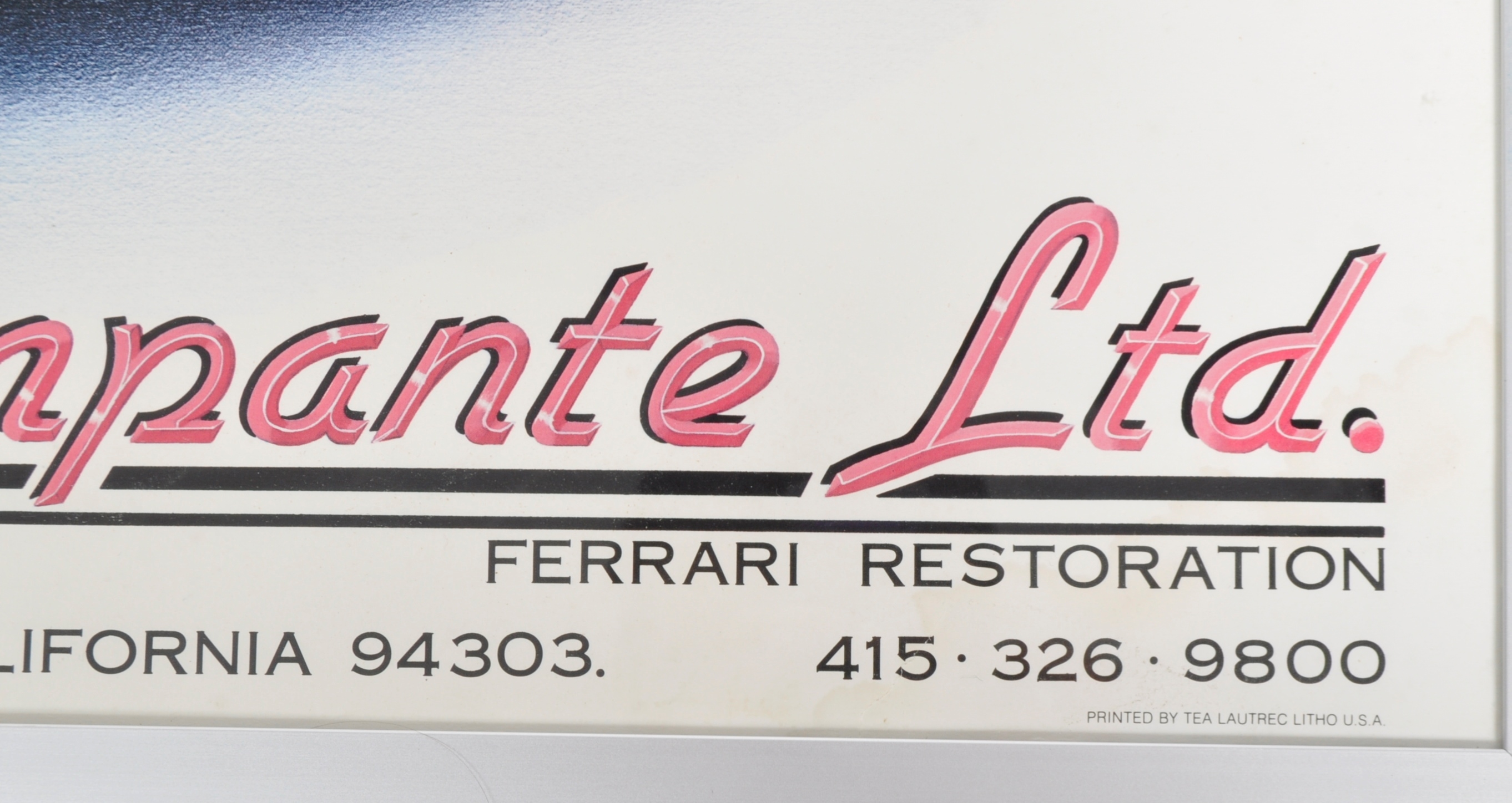 Harold James Cleworth, USA advertising lithograph poster for Cavallino  Rampante Ltd, Ferrari Restoration (1980s)