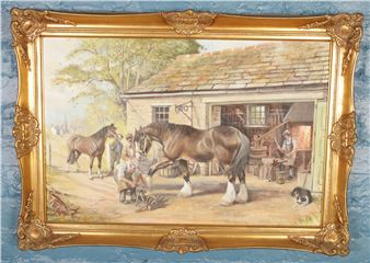 Blacksmith forge working on horseshoes - Cyril Dickins