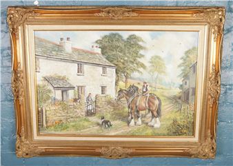 Farmhouse with horse and figures - Cyril Dickins