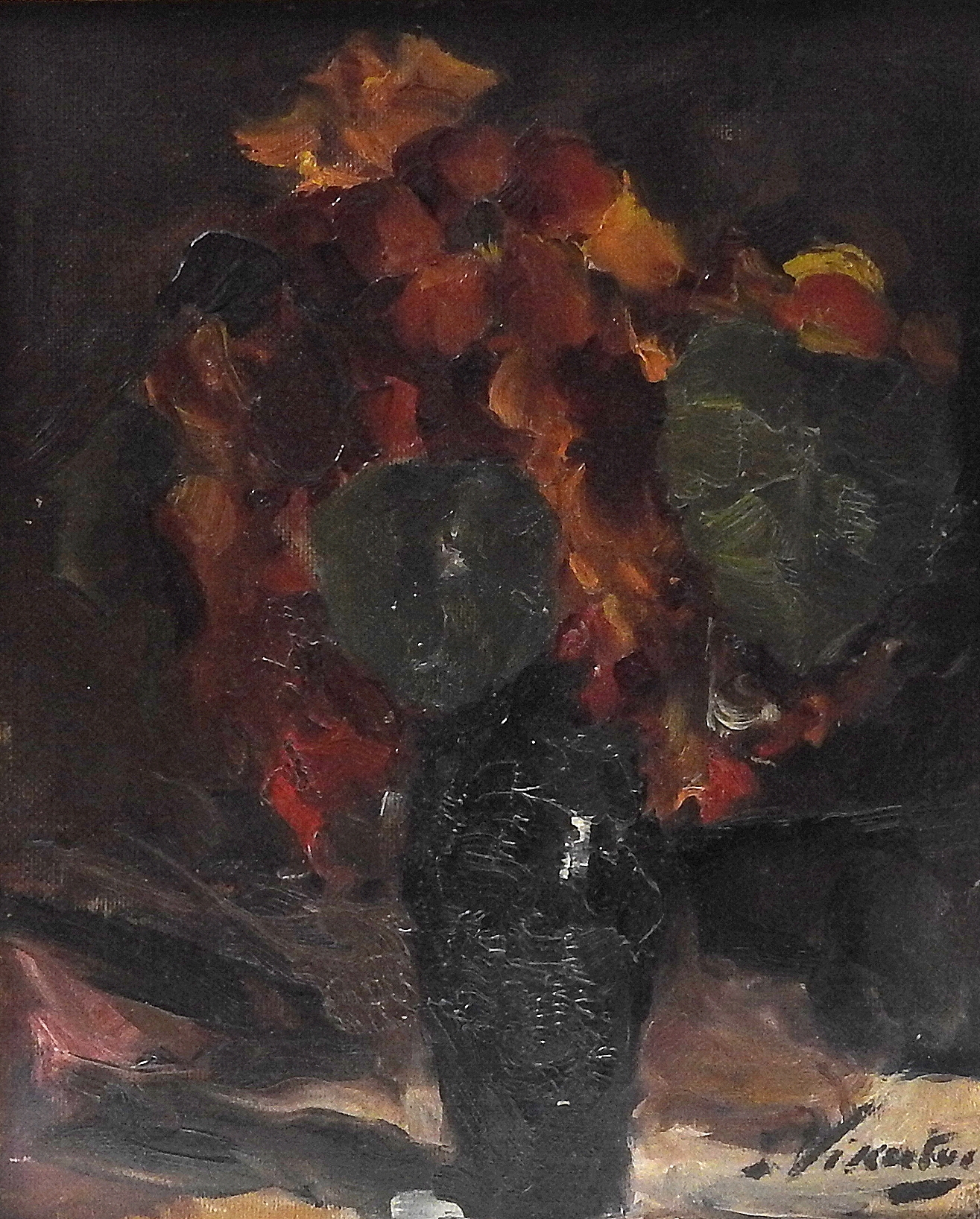 Artwork by Spyridon Vikatos, Blumenstillleben in einer schlanken, dunklen Vase in erdigen Rot- und Grüntönen, Made of Oil on cardboard