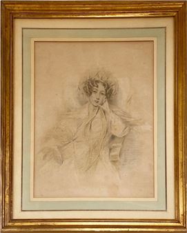 Portrait of a woman Black pencil H_29 cm W_23 cm (on view) Signed lower right Everton Scully - British School, 19th Century