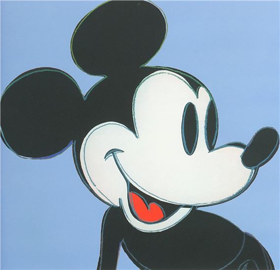 A painting of a smiling mickey mouse on a blue background.