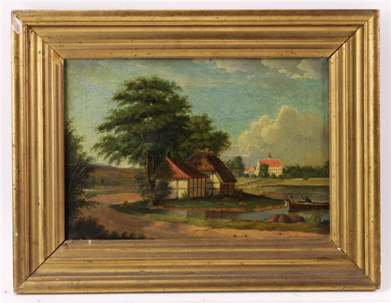 Fishing scene with mansion in background by Swedish School, 19th Century