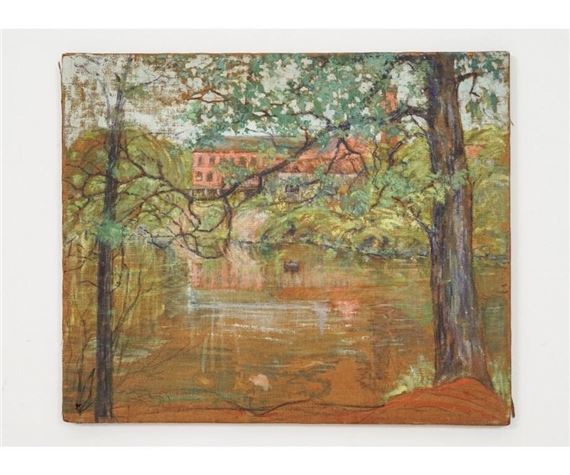 George Harding | Spring/summer landscape with stream and brick factory ...