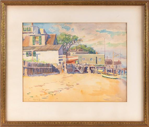 Cottages and wharves along Provincetown Harbor. by Henry Webster Rice