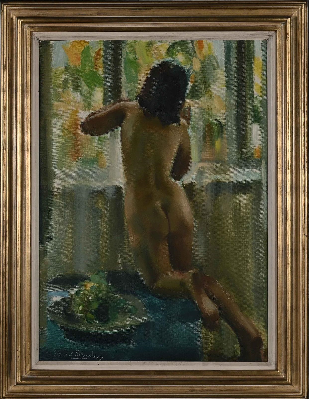 Artwork by Clement Serneels, Kneeling Nude at a Window, Made of oil on canvas mounted on board