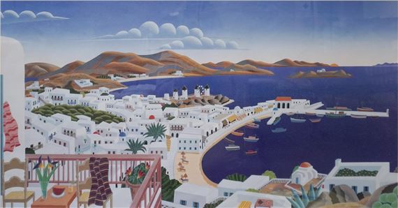 THOMAS McKNIGHT•MYKONOS VIEW フレーム入りポスター Vintage Thomas Mcknight • Mykonos View • Framed 1980s Poster