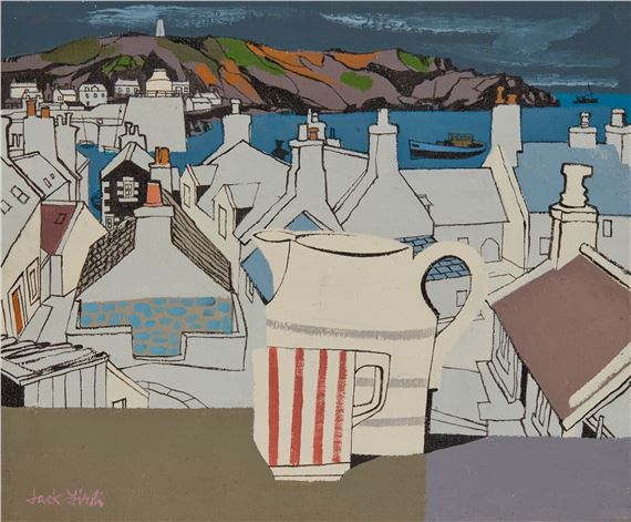 A bold graphic print featuring a striped pitcher in the foreground overlooking a stylized coastal town.