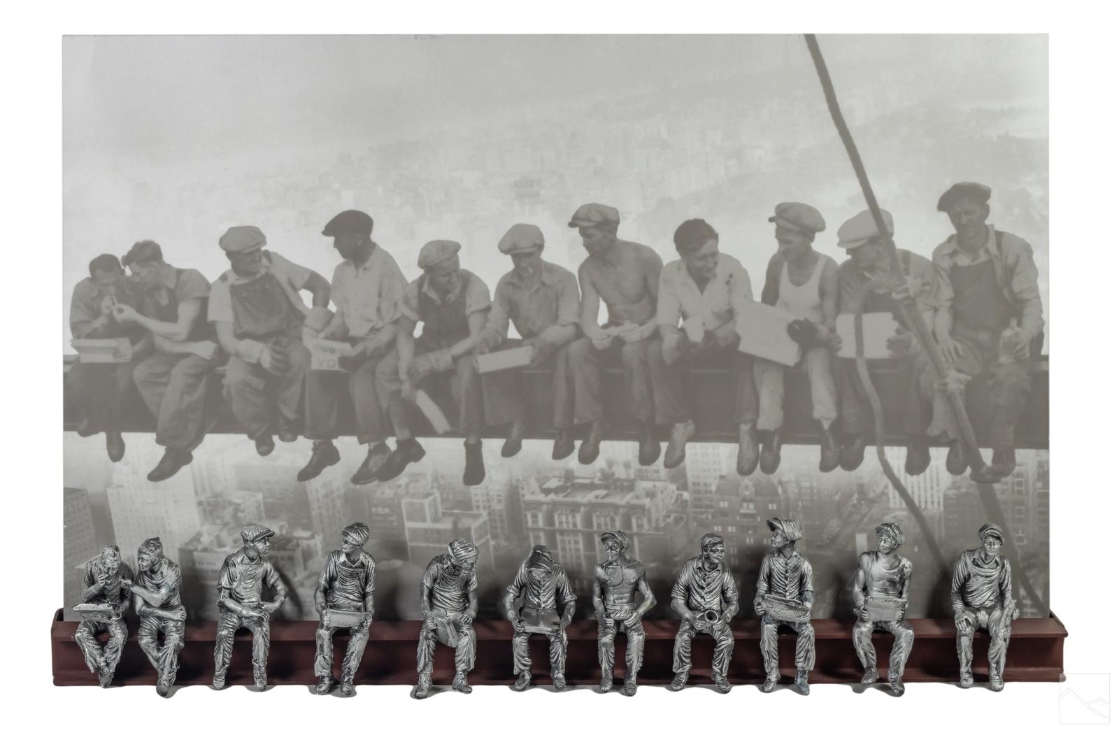 Artwork by Sergio Furnari, Lunchtime On A Skyscraper, Made of Mixed media art sculpture; pewter finish; painted metal beam; serigraph on canvas