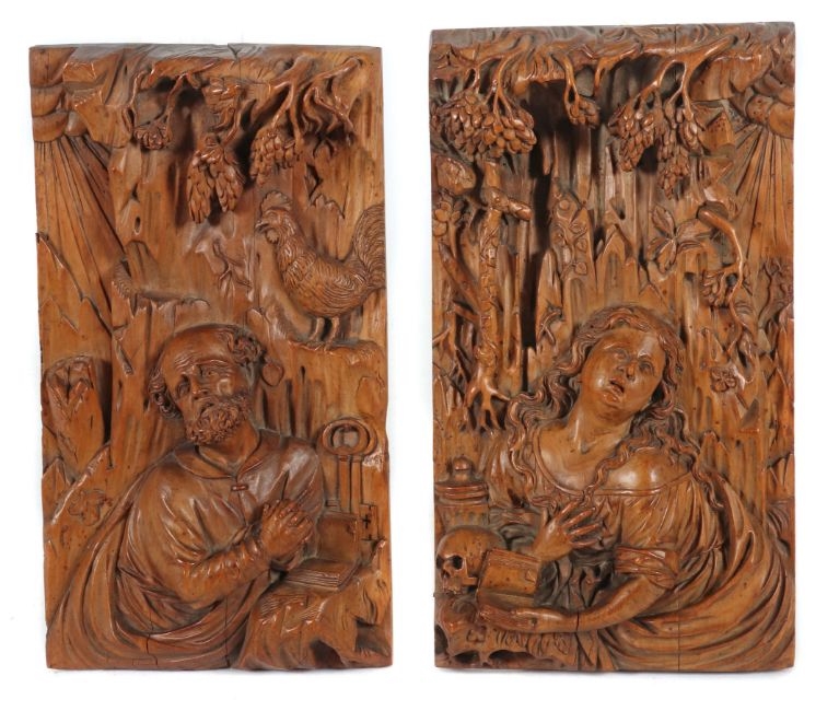 Artwork by Christoph Daniel Schenk, "Der reuige Petrus" und "Die büßende Maria Magdalena, Made of carved wood