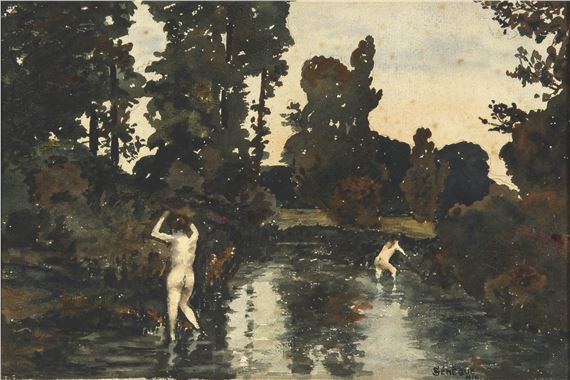 Two Bathing Nudes by Clément Sénèque, dated 1914