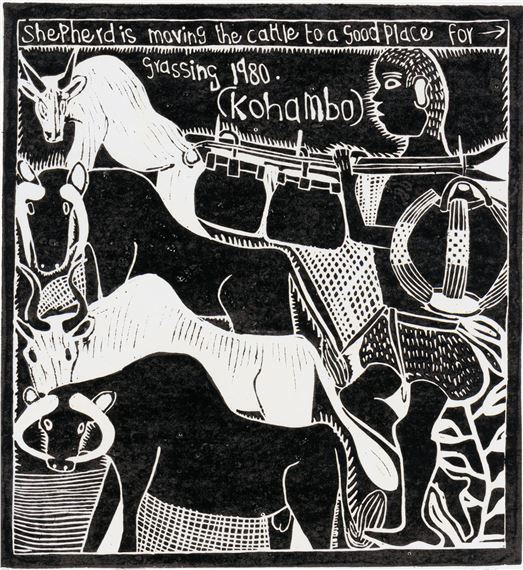 Shepherd is Moving the Cattle to a Good Place for Grassing by John Ndevasia Muafangejo, dated 1980