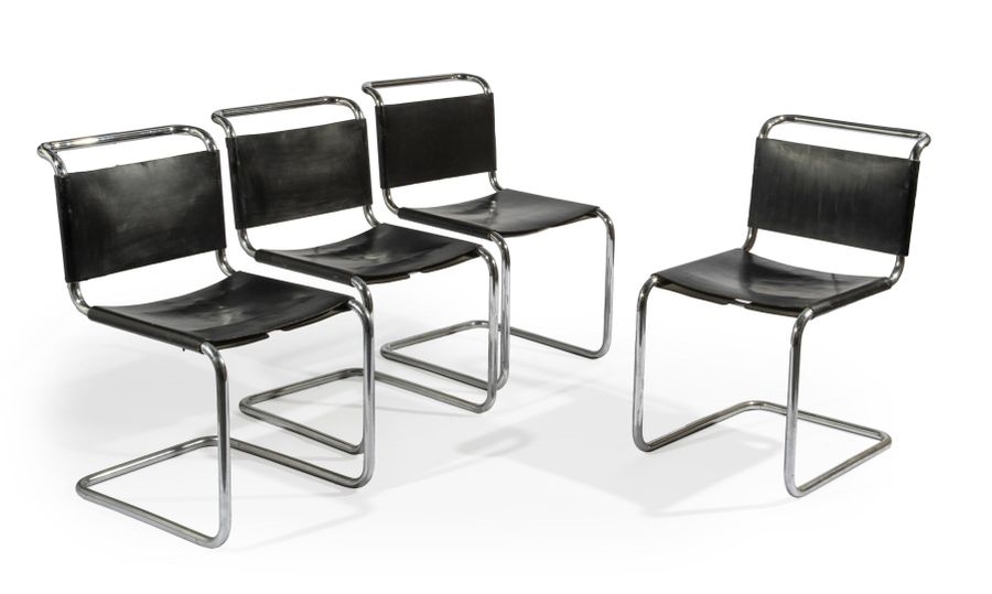 Suite of four chairs model "B34" with curved chromed metal structure enclosing a seat and a back in black leather. by Marcel Breuer, 1970