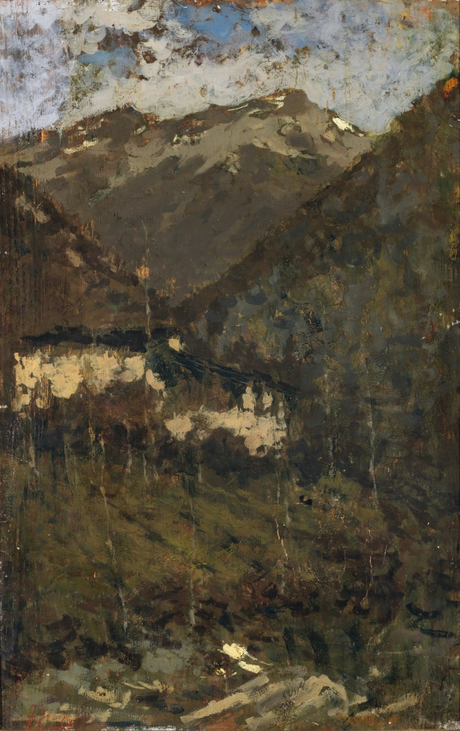 Artwork by Francesco Filippini, Mountain landscape with lodges., Made of Oil on board