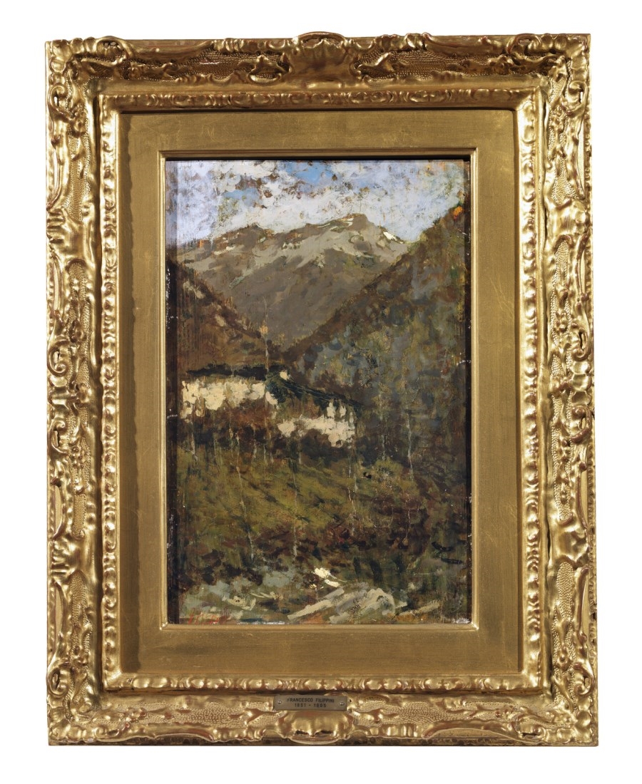 Artwork by Francesco Filippini, Mountain landscape with lodges., Made of Oil on board