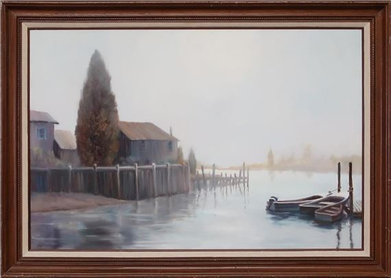 Oil on Canvas Dock Scene by Hal Singer