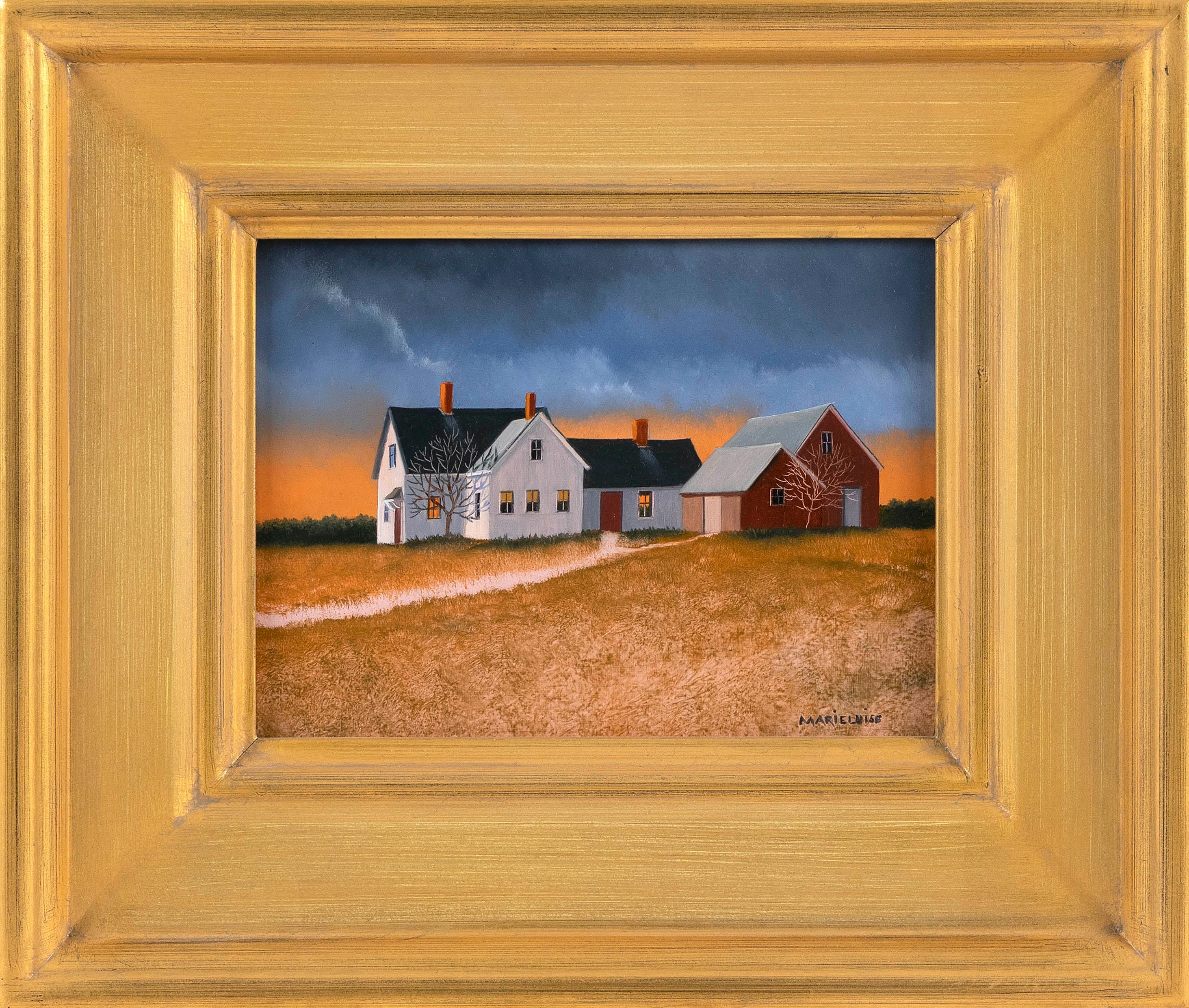 Artwork by Marieluise Hutchinson, Three chimneys at twilight., Made of Oil on board