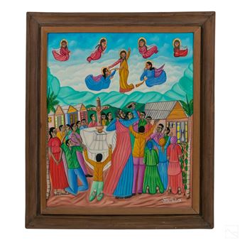 A Haitian Folk Art religious with a church congregation of human figures and an allegory scene of Jesus and six angelic figures above - Grilex Pochette