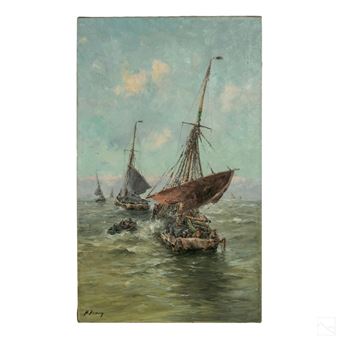 A nautical seascape scene with men in boats, in rough seas - Hadrien Arden