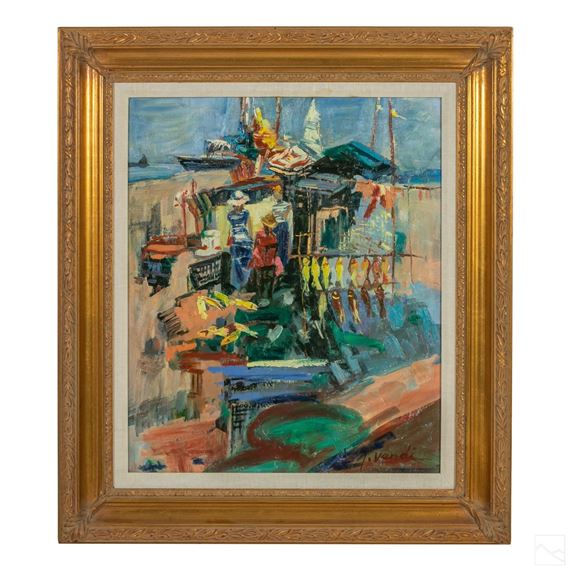 A Neo Impressionism beach landscape scene with fish peddlers. - Taddo Vendi
