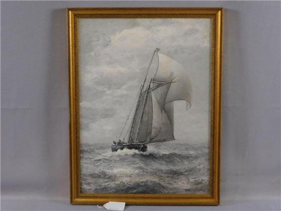 A sailing yacht in rough seas and grey sky by James Gale Tyler