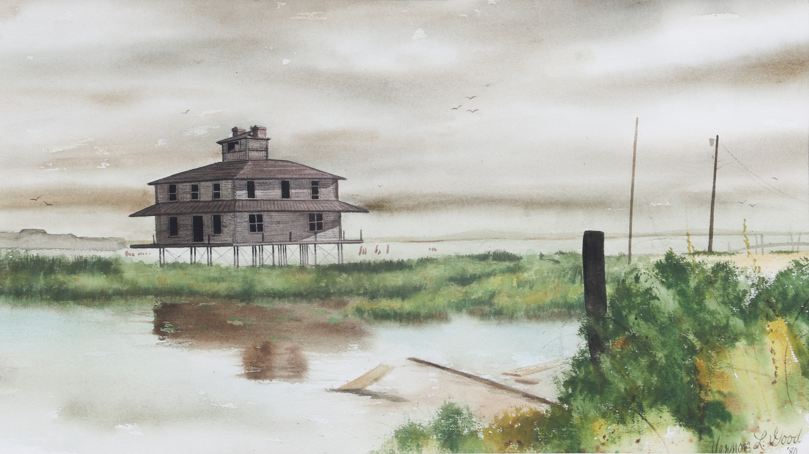 Artwork by Vernon Good, Port Mahon Lighthouse, Made of watercolor on paper