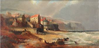 Coastal scene with figures and buildings - Kay Short