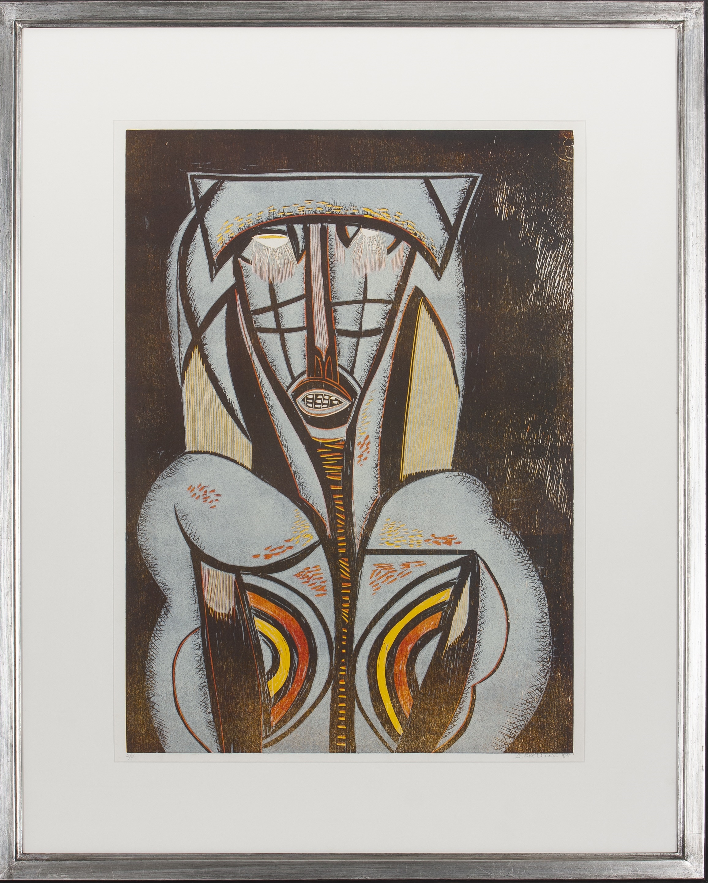 Artwork by Cecil Skotnes, Crowned figure, Made of colour woodcut