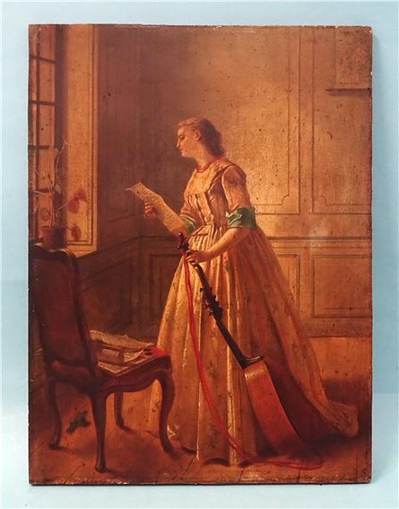 YOUNG WOMAN READING SHEET MUSIC BY A WINDOW AND HOLDING A THEORBO; A YOUNG MAN PLAYING A FLUTE WITH A THEOBO IN THE BACKGROUND by Theodore Ceriez