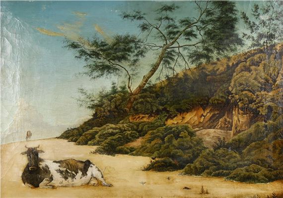 American School, 20th Century | Cow and hummingbirds on sandy beach ...
