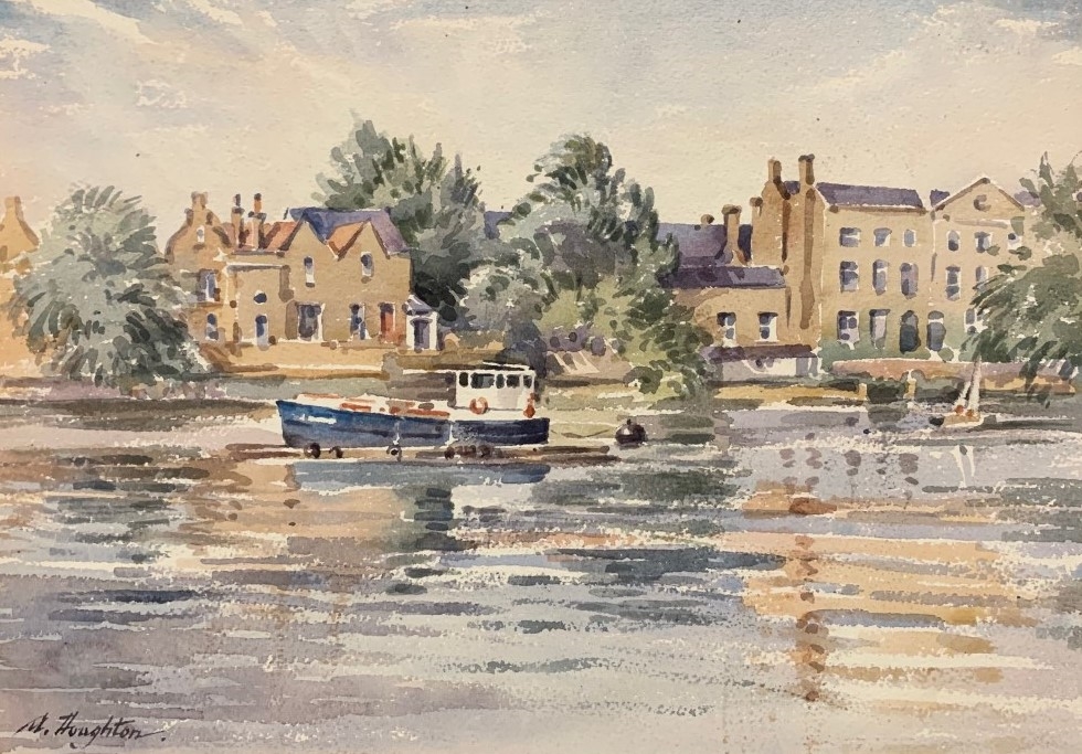Artwork by M. Haughton, contemporary) A study of river scene, Made of watercolour, mounted