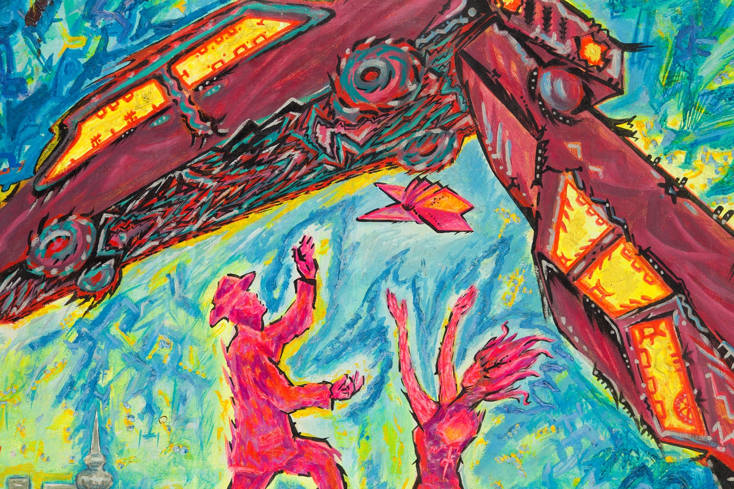 Artwork by Krzysztof Skarbek, Flying cars, Made of mixed media/canvas