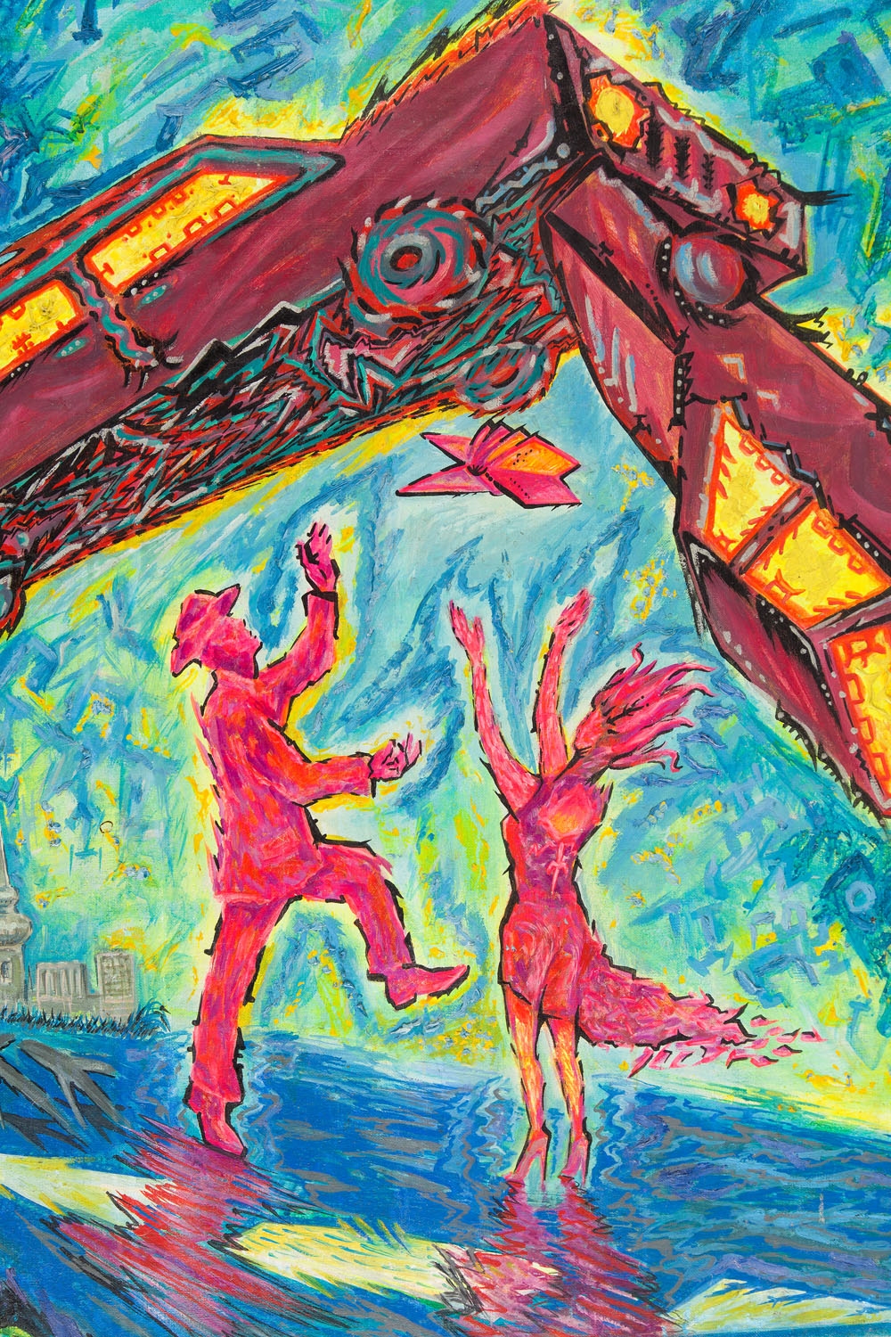 Artwork by Krzysztof Skarbek, Flying cars, Made of mixed media/canvas