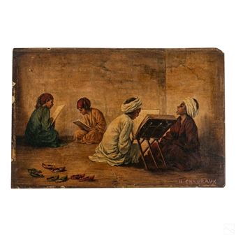 An Orientalist genre painting with youthful scholars reading from open texts - H. Chauraux