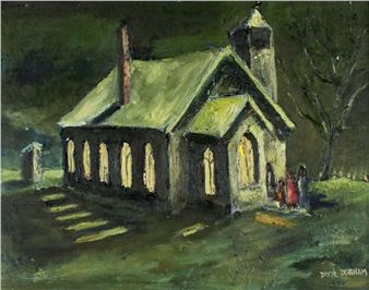 A nocturnal church scene with glowing windows and shadowed figures.