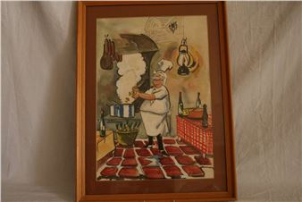 Charles BECH (1919-2000), Luxembourgish painter, Caricature in colors: Minister Joseph Bech in the kitchen of his wife in Diekirch, dated 67 - Size: 52 - Charles Bech