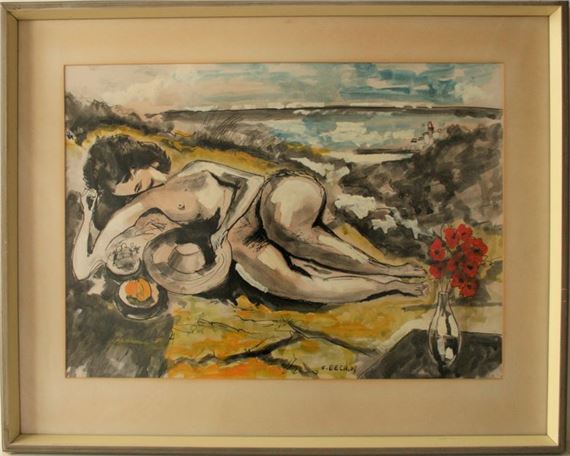 Charles BECH (1919-2000), Luxembourg painter, Watercolor: Nude on the Moselle, dated 61 - Size: 47 x 58 by Charles Bech, dated 61