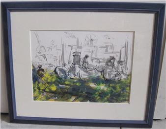 Ger MAAS (born in 1931), Luxembourg artist, Gouache and Indian ink: Port of Naoussa, Paros island in Greece, dated 1992, lazuré wood frame - Frame dimensions: 71 x 86 cm - Ger Maas