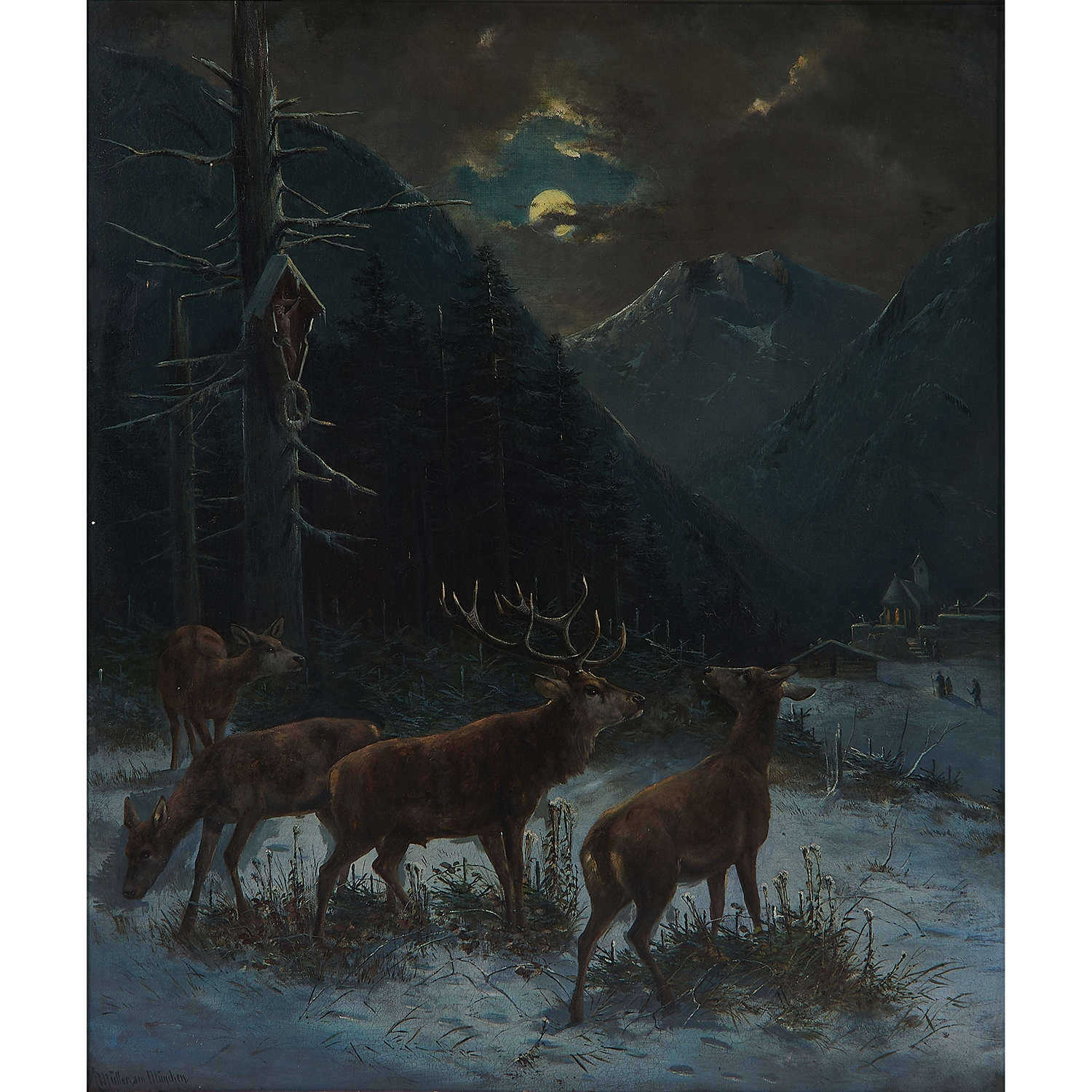 Stags in a Mountainous Landscape with Church by Moritz Müller I