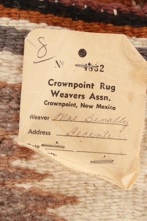 Artwork by Mae Benally, Navajo Eye Dazzler Crownpoint rug, Made of Dyed colors of light brown, black, grey, heathered grey, and cream set to a black field.